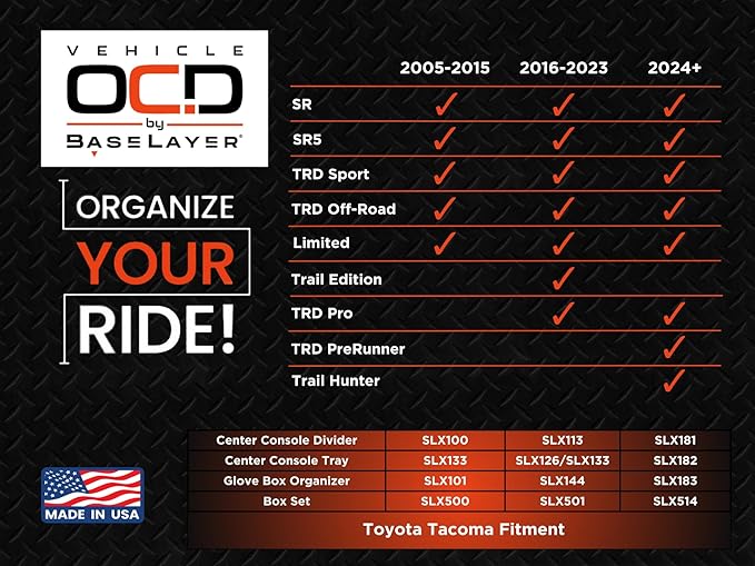 Vehicle OCD - Center Console Organizer for Toyota Tacoma (2005-2015) - Made in USA - SLX100