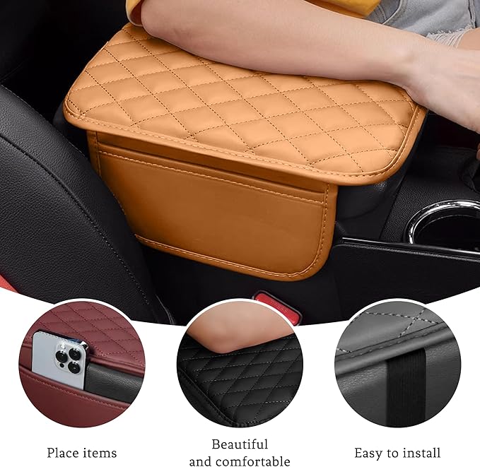 Car Center Console Cover, Universal Center Console Protector Pad with Soft Microfiber Leather & 2 Storage Pockets, Non-Slip Cushion for Car SUV Truck Interior Accessories (Orange)