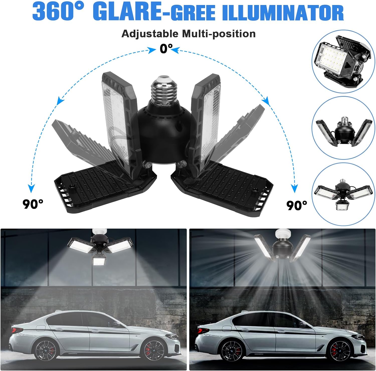 LED Garage Lights - 1 Pack, 80W, 8000LM 6500K Shop Light with 3 Deformable Panels, Basement Barn Light, E26/E27 for Shop, Warehouse, Basement