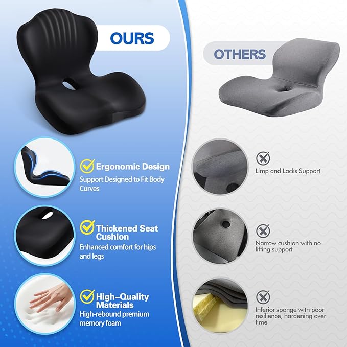Office Chair Cushion for Tailbone & Back Pain Relief, Strong Lumbar Support Ergonomic Cushions, Comfortable Memory Foam Cushion for Pain Relief, Suitable for Office Chairs, Home Chairs, Car