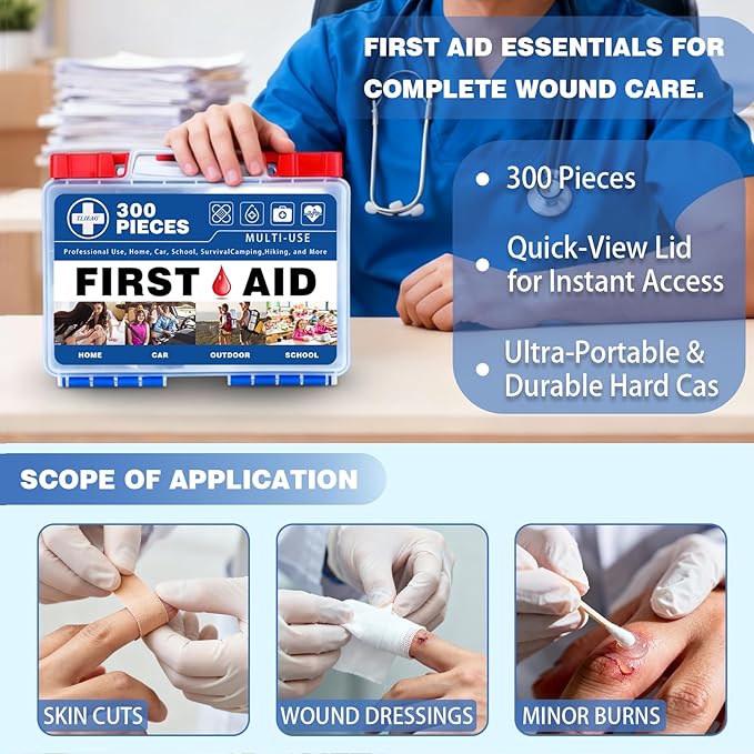 300 Piece Professional First Aid Kit, Multi-Function Portable Medical Kit for Home, Car, Travel, Camping, Worksite, Outdoor, Business & Sports (Navy Blue)