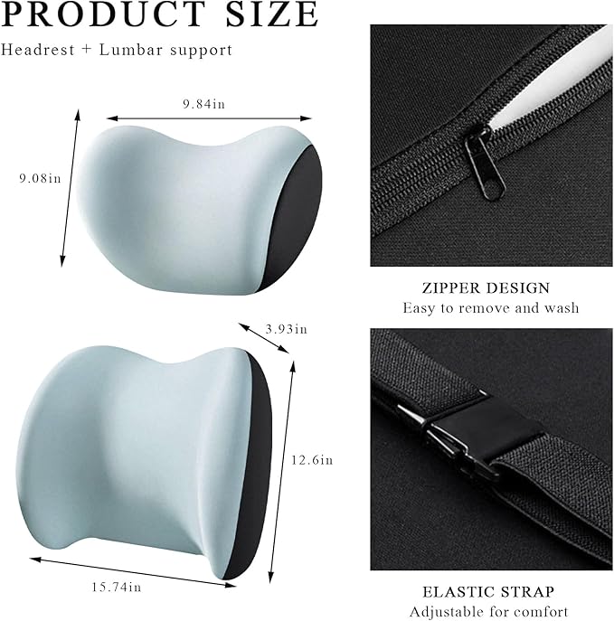 Car Headrest & Lumbar Support Cushion, Ergonomic Memory Foam Car Neck Back Support w/Removable Cover, Universal Breathable Lumbar Cushion Headrest Pillow with Adjusatble Strap (Sky Blue)