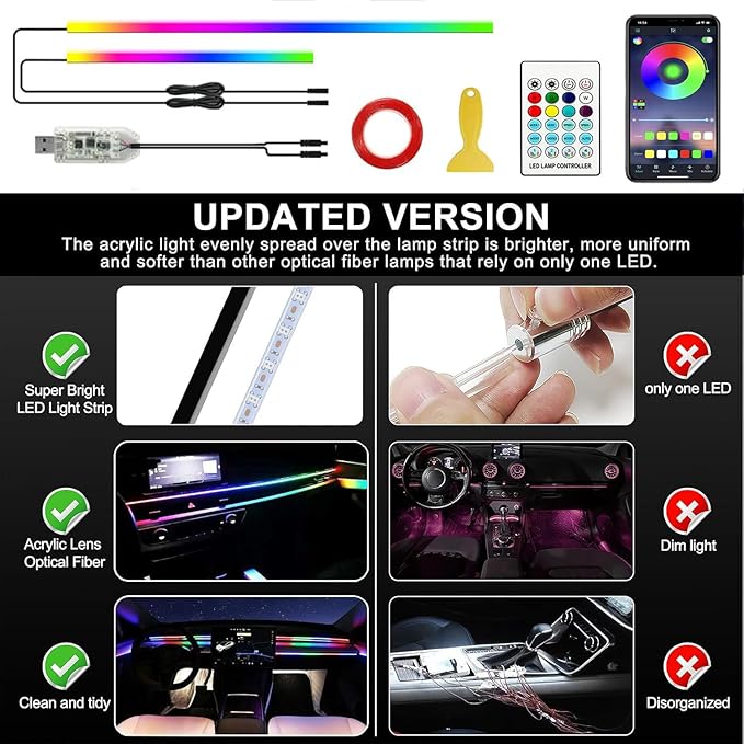 Acrylic Interior Car LED Strip Light with APP Remote Control,57in 2 in 1 USB RGB Dreamcolor Neon Flexible Strip Fiber Optic LED Ambient Lighting Kits,RGB Music Lights Sync for Inside car Decorations