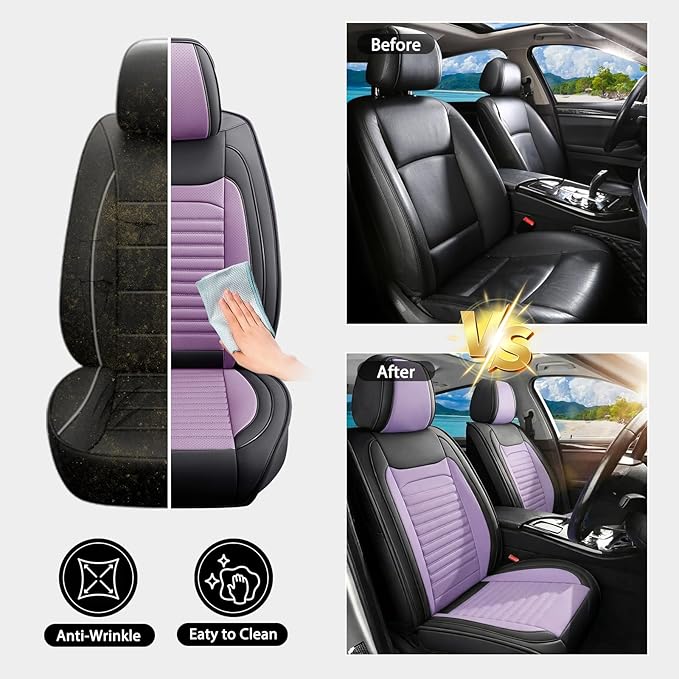 Truck Seat Covers Full Set Fit for Toyota Tacoma 2001-2026, Premium Faux Leather Car Seat Protector,Breathable Anti-Slip Full Wrapping Edge Seat Covers(Black&Purple,Full Set)