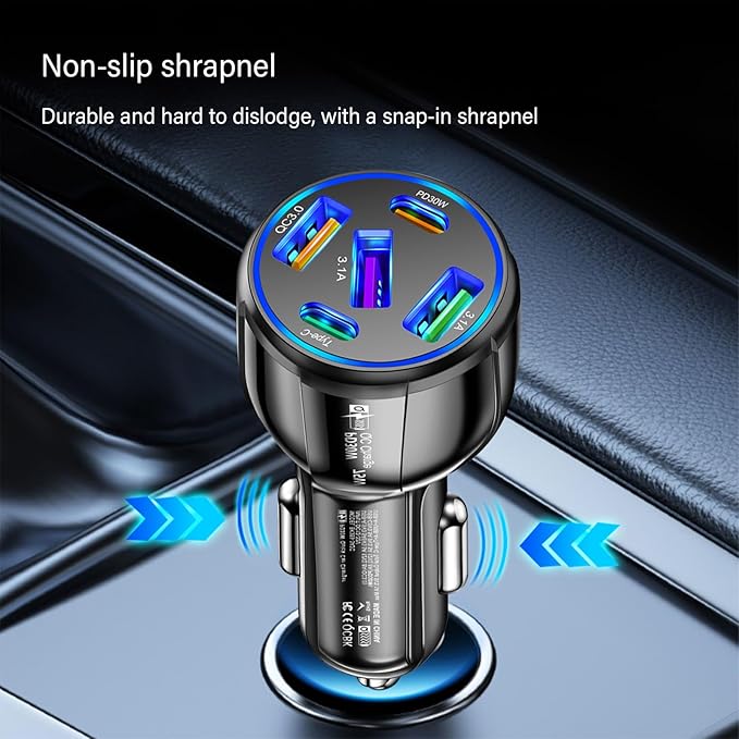 Upgraded Car Charger USB C with 5 Port,75W Cigarette Lighter Adapter with Type-C & QC 3.0 Ultra Fast Charging Port,Universal Car Charger Adapter for Navigator,Dash Cam (Black)
