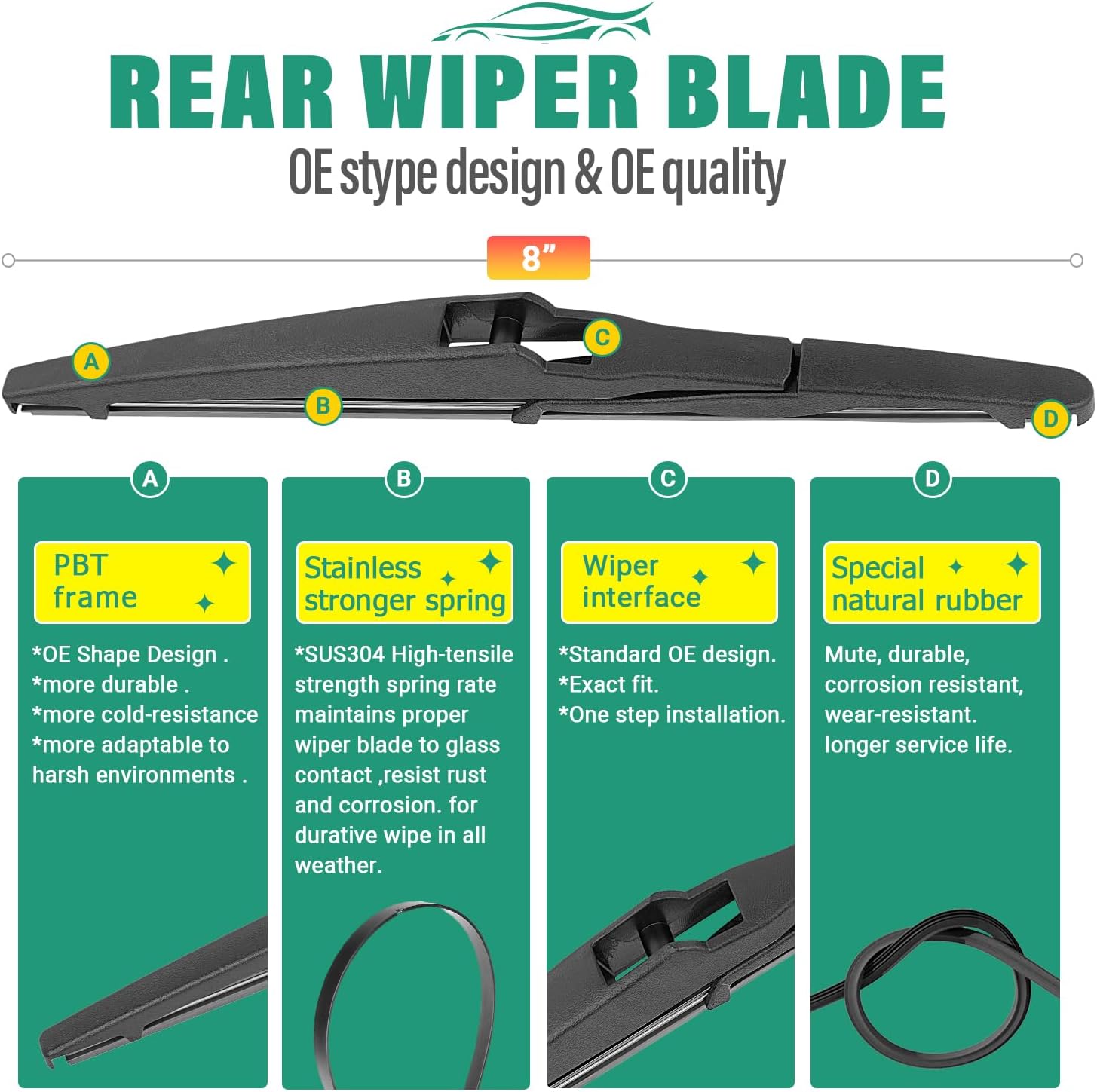 26" 14" 8" Windshield Wiper Blades Replacement for Scion xD 2008 2009 2010 2011 2012 2013 2014 Premium All Weather Front Rear Wipers Set - OEM Quality (Pack of 3)