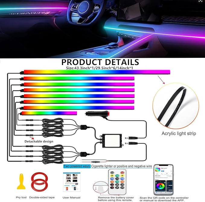 Dreamcolor Acrylic Interior Car LED Strip Light with APP Remote Control, RGB 8 in 1 with 235 inches 800 LEDs Fiber Optic Strip Lights for Car, Dynamic Chasing Music Sync Neon Car Ambient Lighting Kits