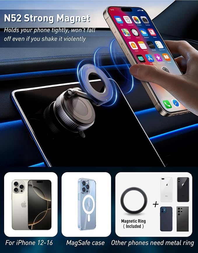 Magnetic Suction Cup Phone Mount for Magsafe, 360° Adjustable Magnetic Car Phone Holder, Pocket Size Foldable Car Mount, Cell Phone Holders for Your Car for iPhone 17 16 15 14 13 12 Series