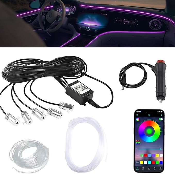 RGB LED Fiber Optic Car Interior Lights, APP Controlled Ambient Lighting Kit 236in, Music Sync, Dimmable, Timer Function, 5-in-1 Optical Fiber Ambient Light for Car Decoration, Universal Fit