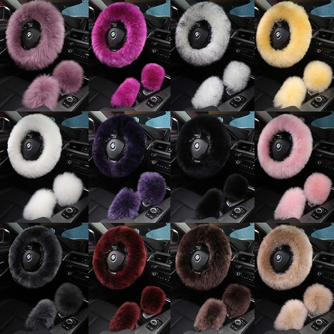 3Pcs Set Fashion Fluffy Fuzzy Wool Fur Soft Car Steering Wheel Cover with Handbrake Cover & Gear Shift Cover for Women/Girls/Ladies Auto Long Wool Accessories, Dark Red