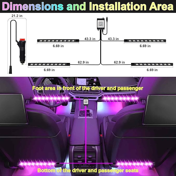 BFXM Car Interior Lights, 12V LED Strip Lights with Cigarette Lighter Adapter, Ambient Lighting Car Accessories, App & Remote Control Music Sync Color Change Lights for Truck Car (36LED Beads) -2 Set