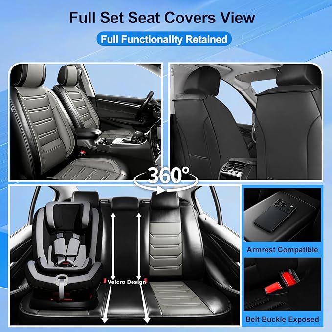 Fit Bolt Car Seat Covers for Select Chevrolet Bolt/Bolt EUV 2017-2025, Premium Full Coverage Leather, Airbag Compatible, Waterproof All Weather Seat Cushion Protector, Front Pair Black+Gray