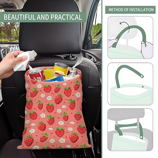 Cute Car Trash Can, Hanging Canvas Car Back Seat Organizer and Storage Bag, Funny Car Trash Bag For Travelling, Outdoor Cute Red Strawberry