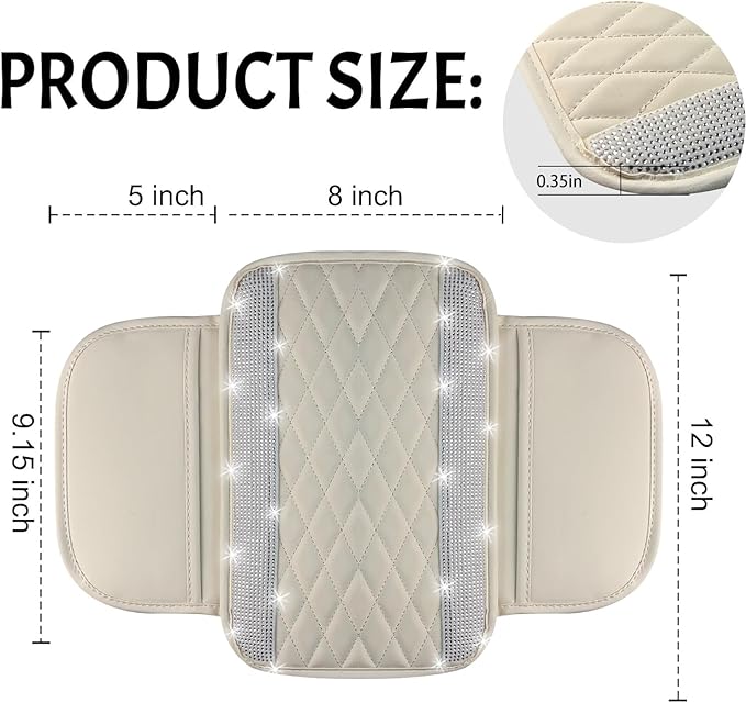 NBTEPEM Bling White Car Center Console Cover, Leather Car Arm Rest Cover with 2 Storage Bags, Universal Auto Armrest Protector Storage Box, Bling Accessories Interior for Most Vehicles
