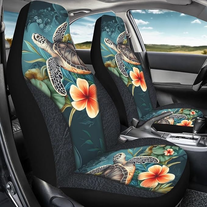 BIGCARJOB Art Sea Turtle Car Seat Cover Set for Front Seat Only,2 Pack Animal Turtle Print Auto Front Seat Protector Saddle Blanket for Women Car Interior Accessories