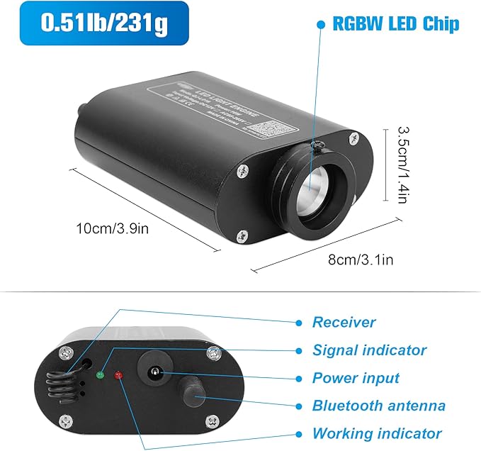CHINLY 16W 260pcs 0.03in 6.5ft Car Use Bluetooth RGBW LED Fiber Optic Light Starlight Headliner Light Kit APP&Remote Music Mode Optical Fiber +Adapter+Cigarette Lighter for Car/Ceiling