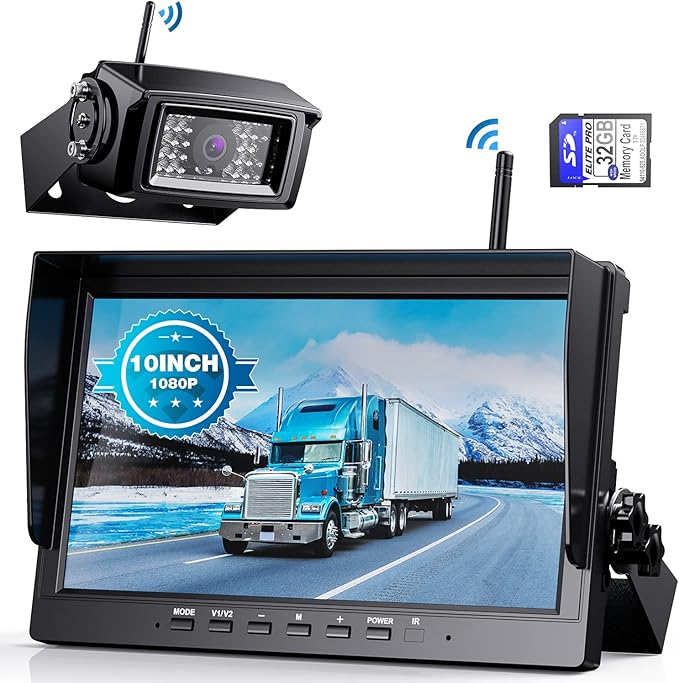 eRapta Wireless Backup Camera System AWX101, Stable Signal 10'' HD with Quad Split Monitor Recording, IP69K Rear View Camera for Truck Trailer Van etc