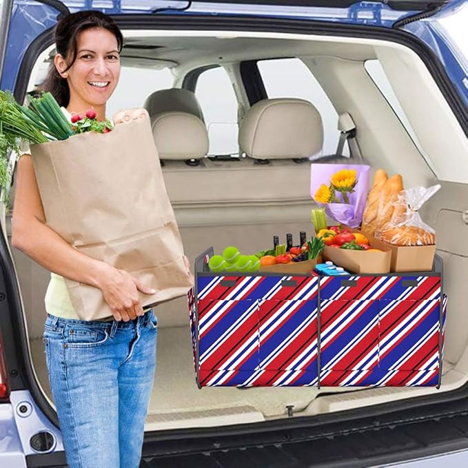 Homeve Trunk Organizer, Car Storage, Reinforced Handles, Collapsible Multi-Compartment, Foldable, Waterproof, Sturdy, 600D Oxford Polyester For Car, SUV, Mini-Van, Red Blue Twill, 2 Compart