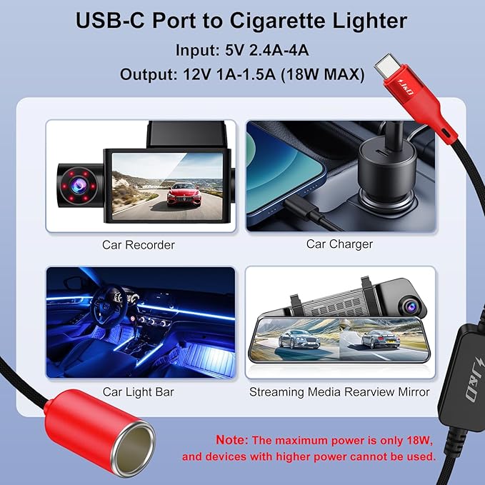 J&D USB C Male to 12V Car Cigarette Lighter Socket Female Converter Cable, 12V 18W Power Cable for Dash Cam, GPS, Car LED Light Strips, Red, 5 ft
