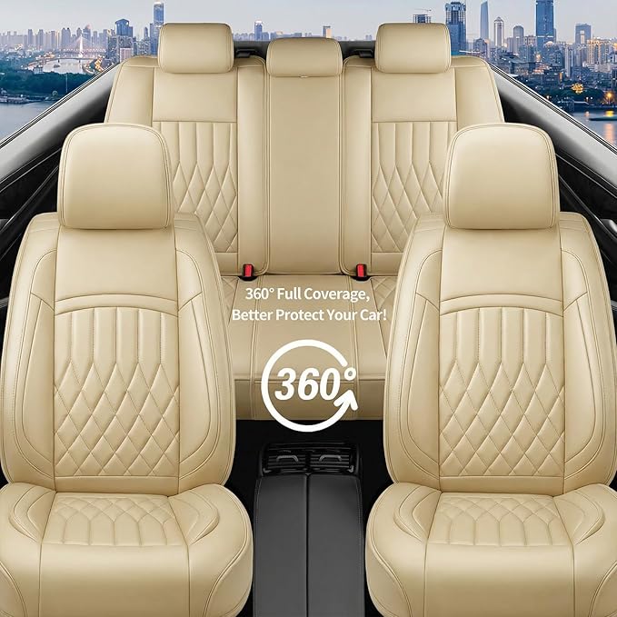 Fit Elantra Car Seat Covers for Hyundai Elantra 2017-2025 2026 - Premium Leather, Waterproof, All-Weather, Airbag Compatible, Anti-Slip, Breathable, Seat Protectors, Full Set, Beige