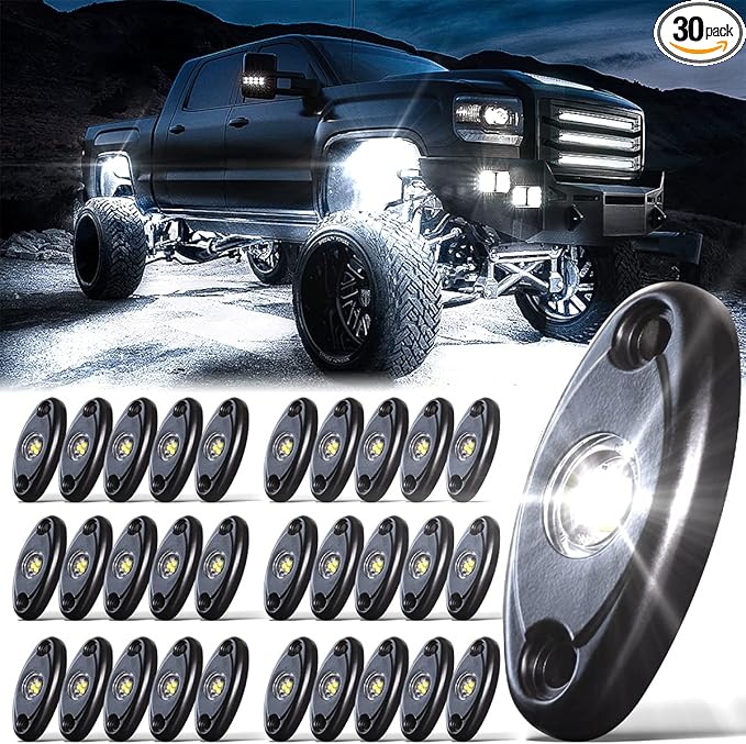 LEDMIRCY Pure White Rock Lights 30PCS 6000K Super Bright Rock Light White for Off Road Trucks ATV UTV SUV Boat Car Underglow TRAI Rig Light Underbody Neon Lights High Power Waterproof Shockproof