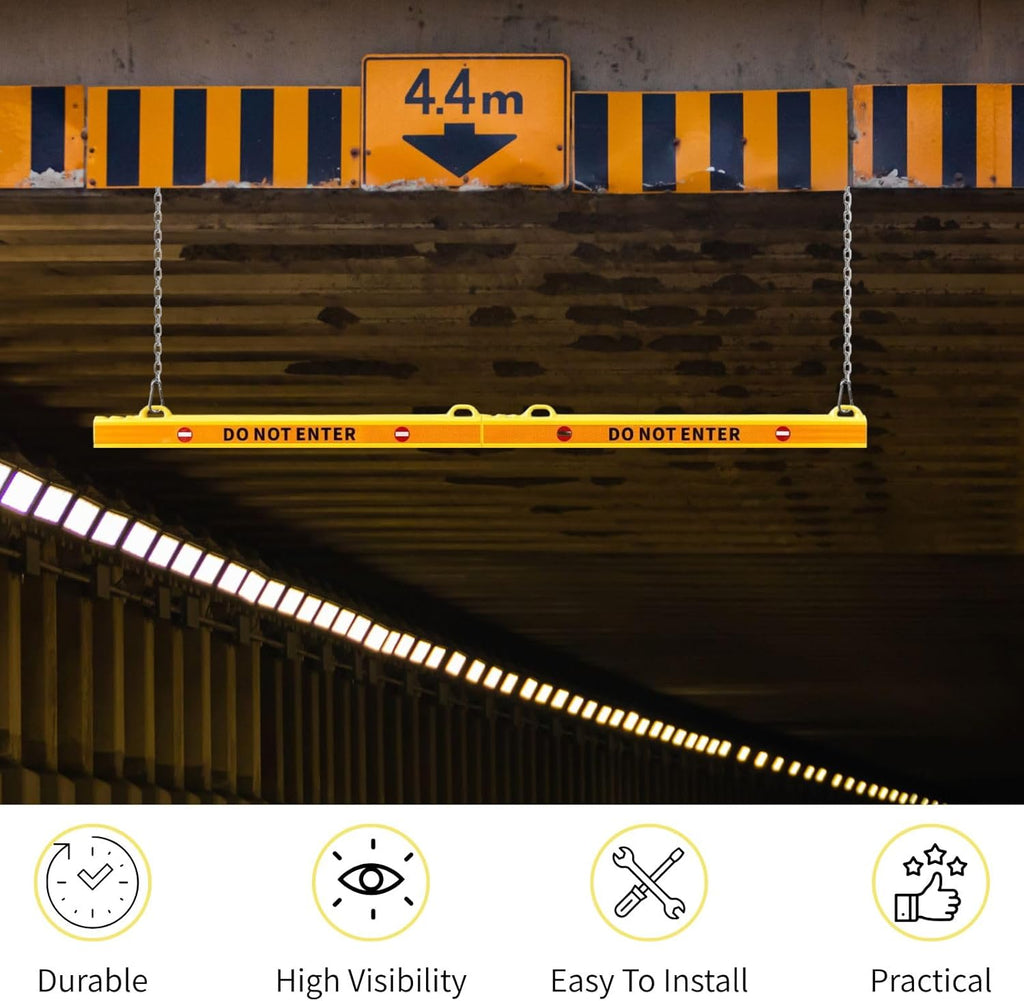 78” Height Guard Clearance Bar (Warning Sign) - MAX Clearance Adjustable to 7' 3" - Hanging Safety Bar with Reflective Yellow Stripes for Parking Lots, Warehouses, Garage Entrances