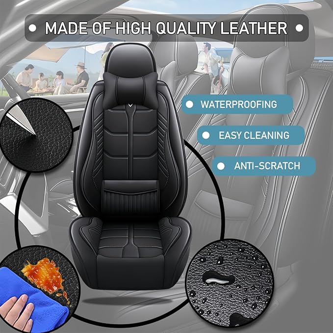 Leather Car Seat Covers Fit for Toyota Avalon 1996-2024, 5 Seater Car Seat Cover, Premium Waterproof, Scratch Resistant Car Interior Accessories (Full Set with Pillow Black)