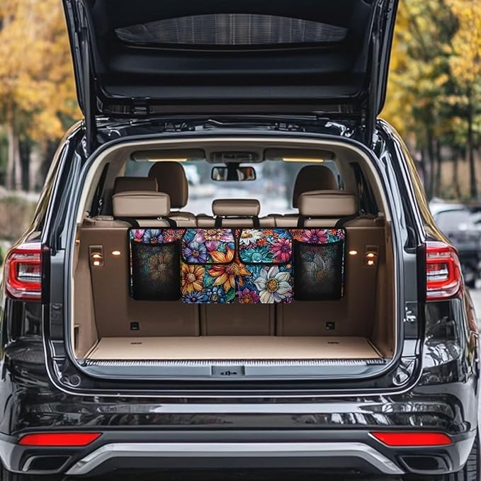 Boho Floral Blossoms Trunk Organizer Car Women Large Capacity Hanging Car Organizer Collapsible Cargo Bag,Easy to Install