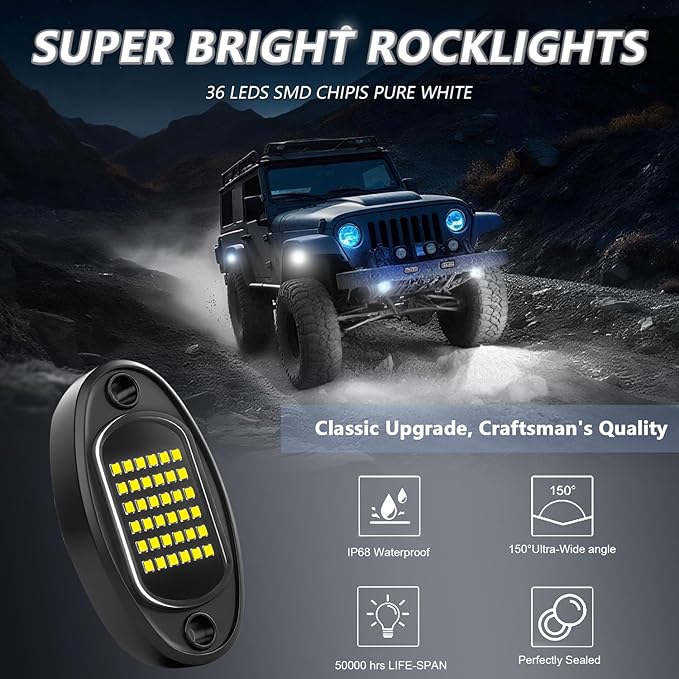 GSRECY Rock Lights Ultra Bright LED Neon Underglow Lights Waterproof for Trucks Pickup SUV UTV ATV RZR Car Boats Motorcycle (White, 20 Pods+ 33ft Wire Harness)