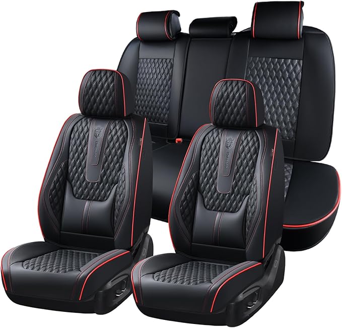 Coverado Car Seat Covers Full Set, Nappa Leather Seat Covers for Car, Waterproof Car Seat Protector with Lumbar Support, Automotive Seat Covers Universal Fit for Most Cars SUV Trucks (Black-Red line)