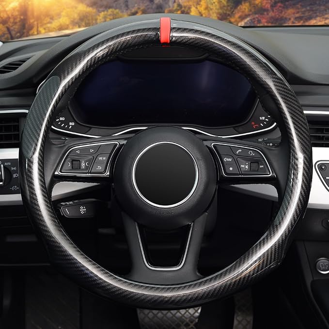 ZHOL 16 inch Steering Wheel Cover Carbon Fiber, Compatible Large-Size for F150 F250 F350 Ram 4Runner Tacoma Tundra Range Rover Model Car Accessories for Women Men