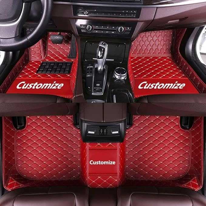 Custom Making Car Floor Mats Compatible for 2000-2025 All Mode Sedan SUV Sports Car Full Coverage Cute Pads Protection Non-Slip Leather Floor Liners (Red Beige Line)