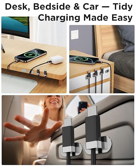 Magtame USB C to USB C Cable 5FT, StayCable with Built-in Magnetic Organizer for Nightstand, Desk and Car, 60W Fast Charging Cord with 2 Adhesive Metal Plates, Braid Type-C Cable for iPhone 17 16