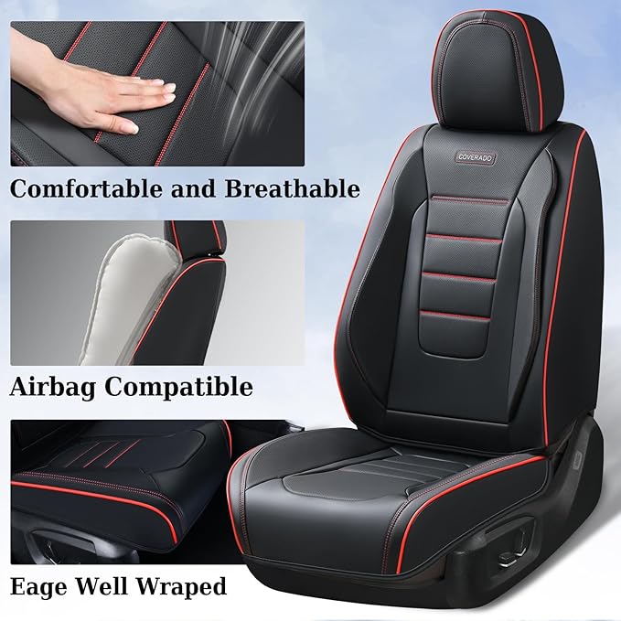 Coverado Seat Covers, Car Seat Covers Front Seats, Car Seat Cover, Car Seat Protector Waterproof, Car Seat Cushion Nappa Leather, Seat Covers for Cars Carseat Cover Universal Fit for Most Cars-Redline