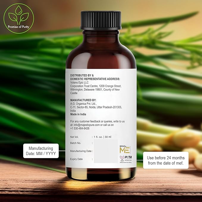 Majestic Pure Essential Oil with Glass Dropper - 100% Pure and Natural - Essential Oils for Diffuser, Aromatherapy, Soap and Candle Making, Lemongrass Essential Oil, Lemongrass Oil, 1 Fl Oz