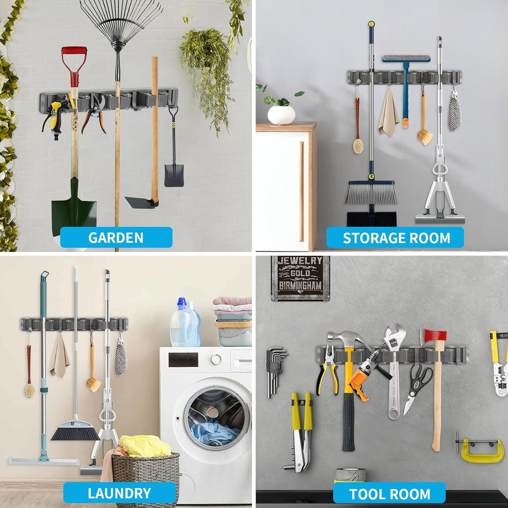 Broom Holder Wall Mount, Aluminum Mop and Broom Holder Hanger with 3 Racks and 4 Hooks, Mop Holder for Laundry Garage Tool Organization