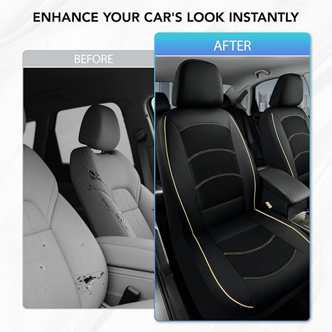 Road Comforts Car Seat Covers, Leather Front Seat Covers with Piping, Air-Cool Mesh Designed, Airbag Compatible Automotive Seat Covers for Most Car, Truck, Van, SUV - Black with Beige Piping