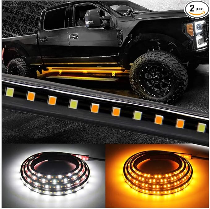 Truck LED Running Board Lights Amber Side Marker Kit, White Courtesy Lights Extended Crew Cab 2pc 48Inch 144 Led Bar Bed Light Switchback Underglow Strip for Pickup Trucks SUV Car Work (48Inch Board)