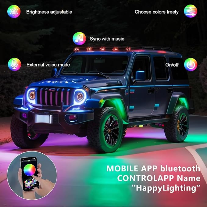 RGB LED Rock Lights Kit, 6 pods Underglow Multicolor Neon Pod with Bluetooth App Control Flashing Music Mode IP68 Exterior Wheel Well Light for Truck ATV UTV RZR SUV