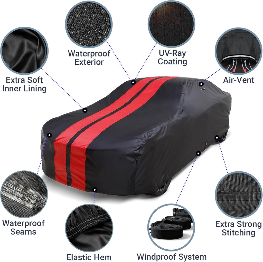 iCarCover Custom Car Cover for Chevy Del Ray (1954-1957) Waterproof All Weather Rain Snow UV Sun Protector Full Exterior Indoor Outdoor Car Cover (Stripe - Black/Red)