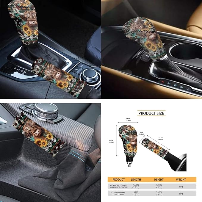 FKELYI Aztec Cattle Anti-Slip Car Seat Cover Steering Wheel Cover, Sunflower Seat Cushions, Gear Shifter Knob and Handbrake Cover, Headrest Covers, Cup Coasters