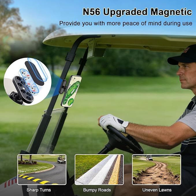 Magnetic N56 Golf Cart Phone Holder, Compatible with MagSafe iPhone 17/16/15/14/13 Pro/Max/Plus & Android, Fits EZGO Club Car Yamaha Icon, Golf Cart Accessories & Golf Gifts for Men, Women, Golfers