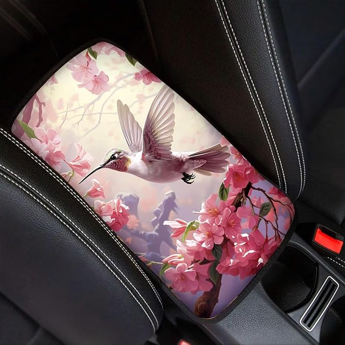 Peach Hummingbird Car Armrest Pads Car Armrest Cushion Arm Rest Covering Car Middle Console Covers Non Slip for Truck Auto SUV Car Accessories