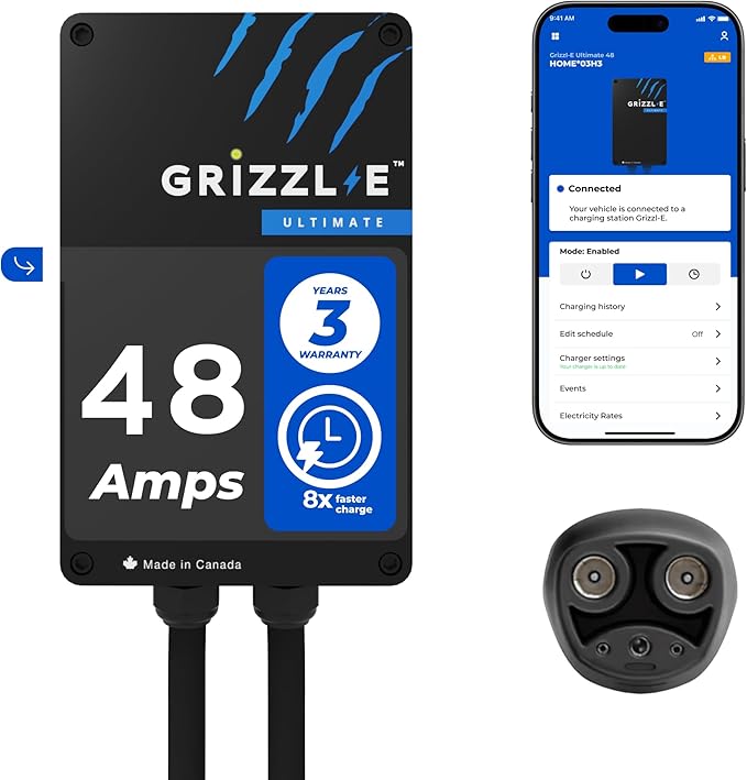 Grizzl-E 48A Ultimate Level 2 Fastest 48A Electric Vehicle (EV) Charger, UL Tested and Certified, Metal Case, Indoor/Outdoor Electric Car Fast Charging Station, Hardwired, Black, NACS