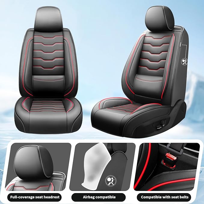 Fit Sonata Car Seat Covers Premium Leather for Hyundai Sonata 2007-2025 2026. Waterproof， Breathable, Scratch-Resistant & All-Weather Seat Cushion Protector（Full Set,Red Line Black