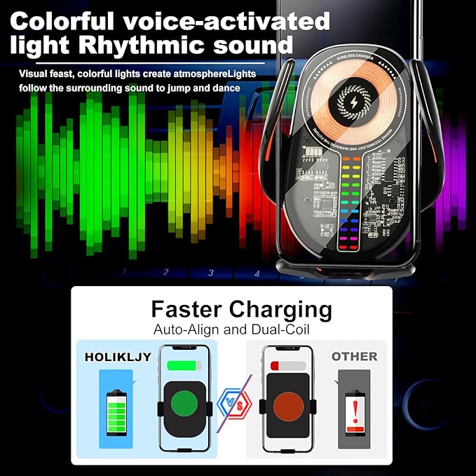Wireless Car Charger Mount Cell Phone Holder Car - Auto Clamping 3-Axis Adjustable Phone Mount for Car Vent with 15W Fast Charging and Ultra-Thin Design Slim Profile for iPhone 16 Pro Max 16 15 14