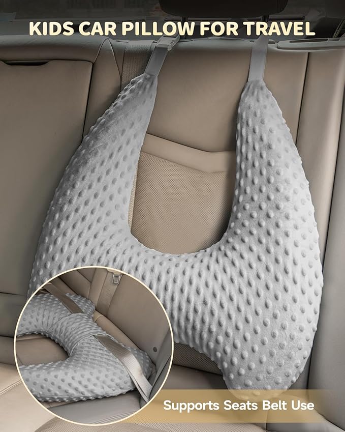 Memory Foam Kids Travel Pillow, Car Pillow for Kids, H-Shape Car Pillows for Sleeping, Removable Pillowcase, Adjustable, Velvet Dots, Grey