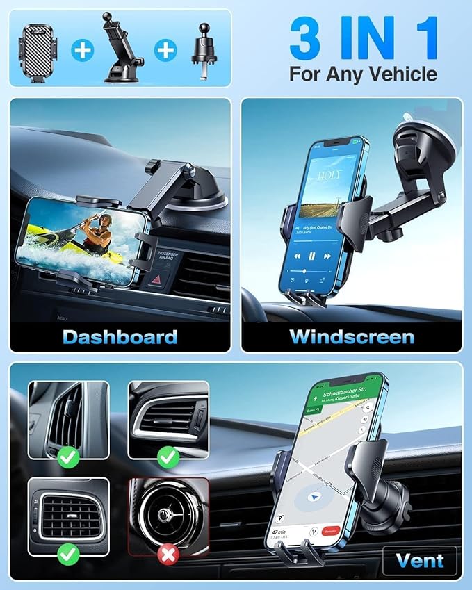 VANMASS Car Dashboard Phone Holder Universal Powerful Suction Cup Mount, Dash Windshield Air Vent Truck Stand Compatible with All Phones Black