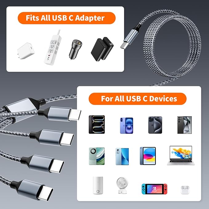 USB C Cable, USB C Splitter Multi Charging Cable, 4 in 1 Charging Cable with 4 Type C Ports, Charger Cable for Multiple Devices Compatible iPhone 16/15 Series, iPad, Galaxy S24 S23, Pixel, PS5