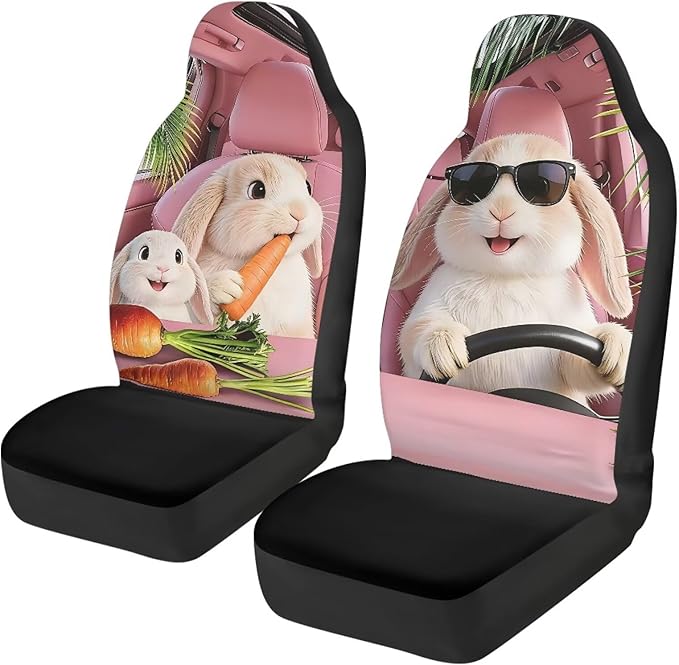 Cute Car Seat Covers Breathable Car Seat Covers for Front Seats Rabbit Removable Automotive Accessories Anti-Slip Back Fabric Compatible with Most Cars,SUV,Sedan